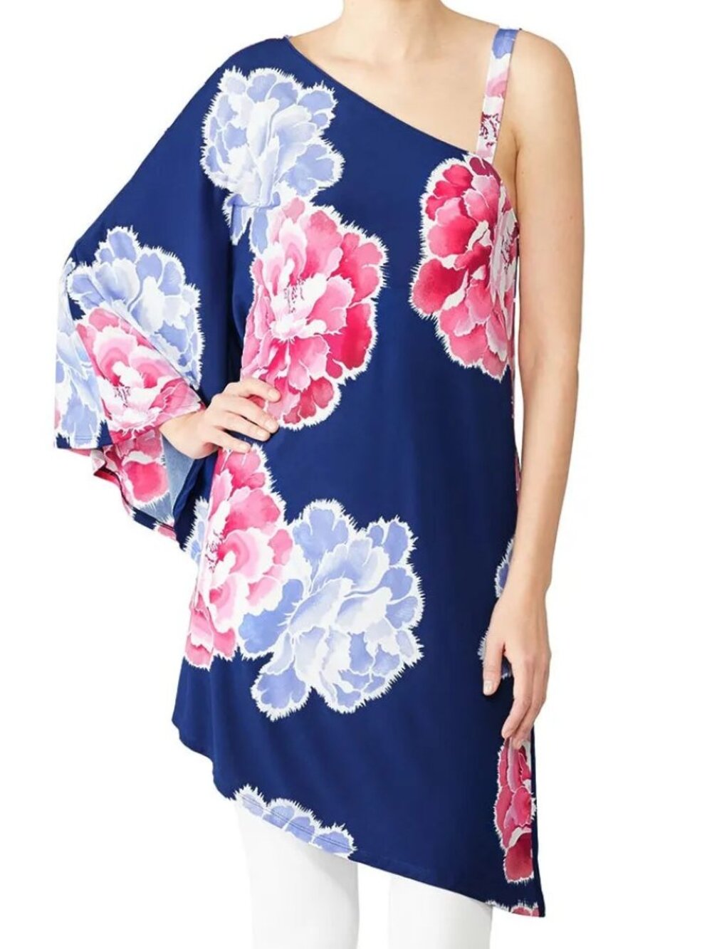 Natori One-Shoulder Floral Tunic Top w/Pink & Lavender Blooms XS